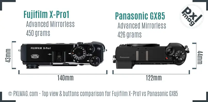 Fujifilm X-Pro1 vs Panasonic GX85 top view buttons comparison Fujifilm X-Pro1 vs Panasonic GX85 top view buttons comparison