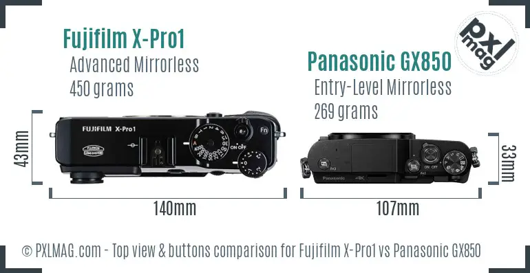 Fujifilm X-Pro1 vs Panasonic GX850 top view buttons comparison