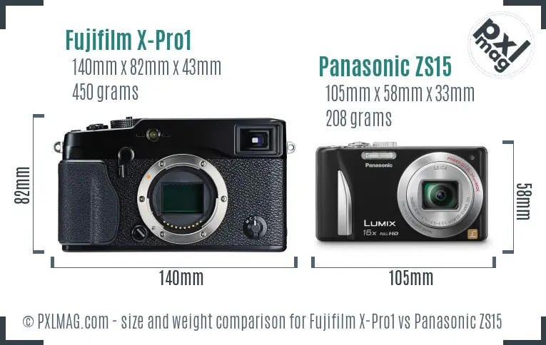 Fujifilm X-Pro1 vs Panasonic ZS15 size comparison