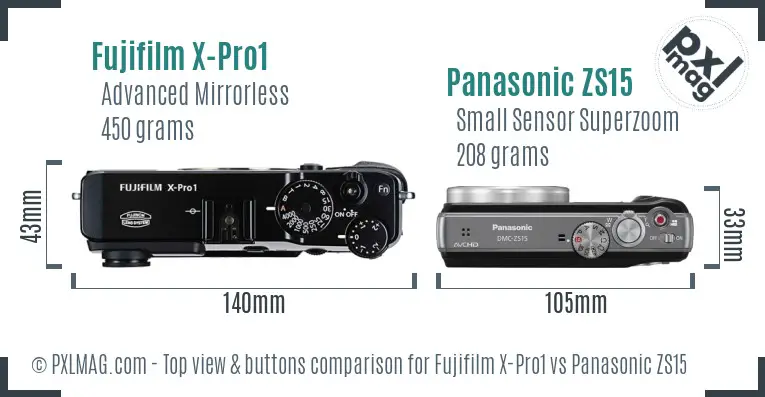 Fujifilm X-Pro1 vs Panasonic ZS15 top view buttons comparison