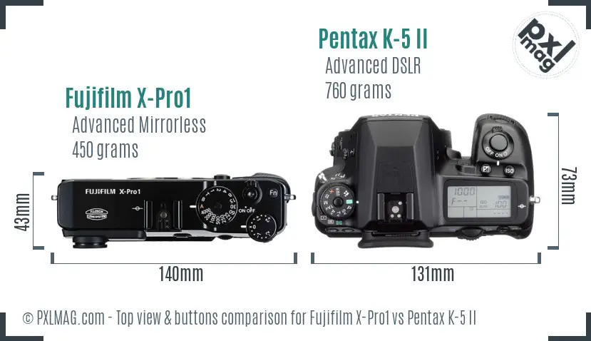 Fujifilm X-Pro1 vs Pentax K-5 II top view buttons comparison
