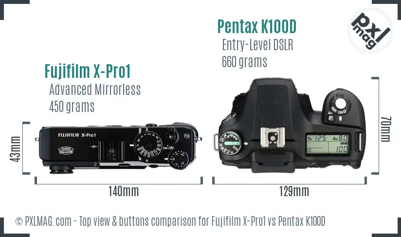 Fujifilm X-Pro1 vs Pentax K100D top view buttons comparison