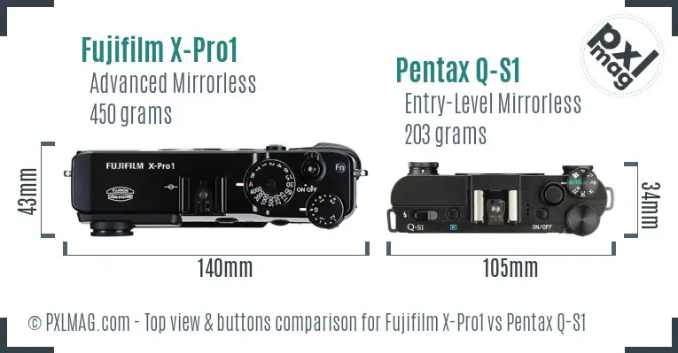 Fujifilm X-Pro1 vs Pentax Q-S1 top view buttons comparison