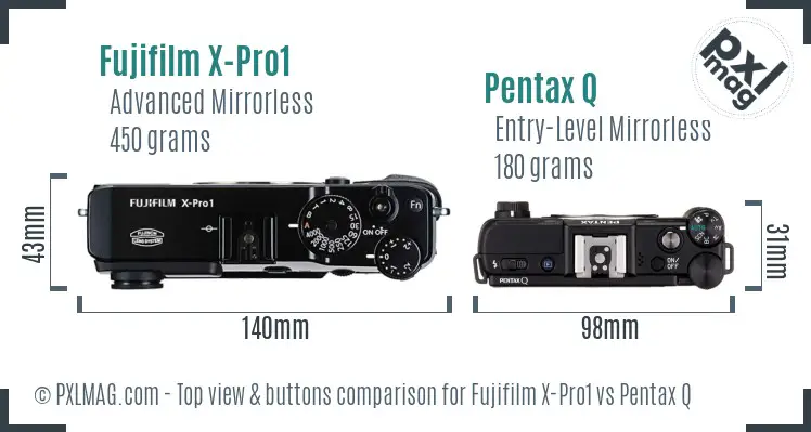 Fujifilm X-Pro1 vs Pentax Q top view buttons comparison Fujifilm X-Pro1 vs Pentax Q top view buttons comparison
