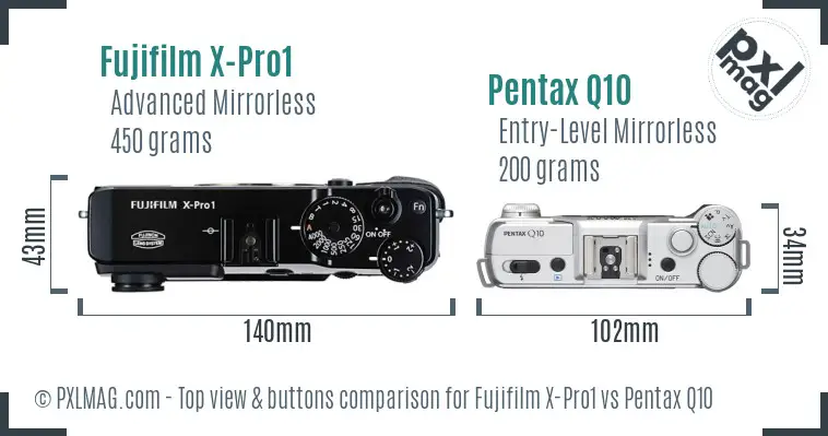 Fujifilm X-Pro1 vs Pentax Q10 top view buttons comparison
