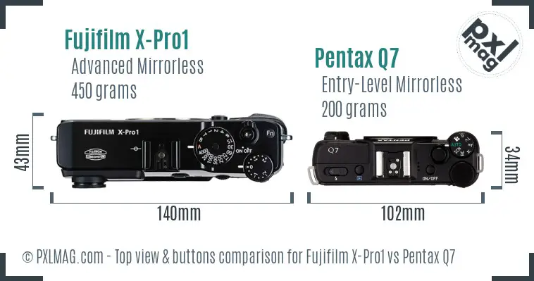 Fujifilm X-Pro1 vs Pentax Q7 top view buttons comparison
