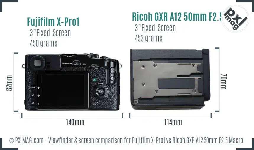 Fujifilm X-Pro1 vs Ricoh GXR A12 50mm F2.5 Macro Screen and Viewfinder comparison