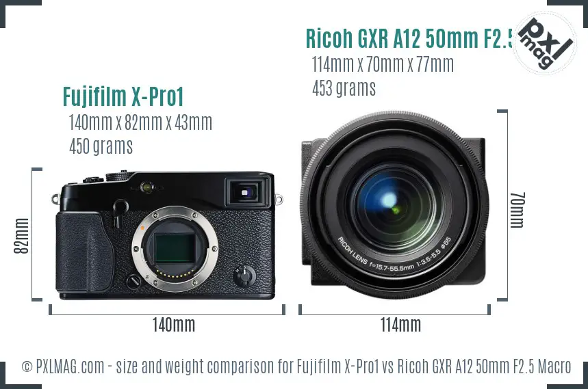 Fujifilm X-Pro1 vs Ricoh GXR A12 50mm F2.5 Macro size comparison