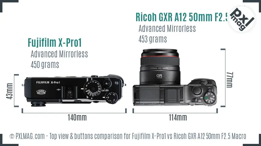 Fujifilm X-Pro1 vs Ricoh GXR A12 50mm F2.5 Macro top view buttons comparison