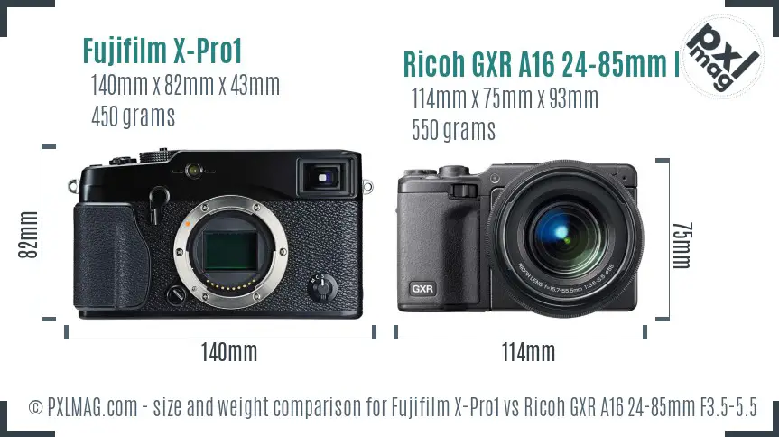 Fujifilm X-Pro1 vs Ricoh GXR A16 24-85mm F3.5-5.5 size comparison