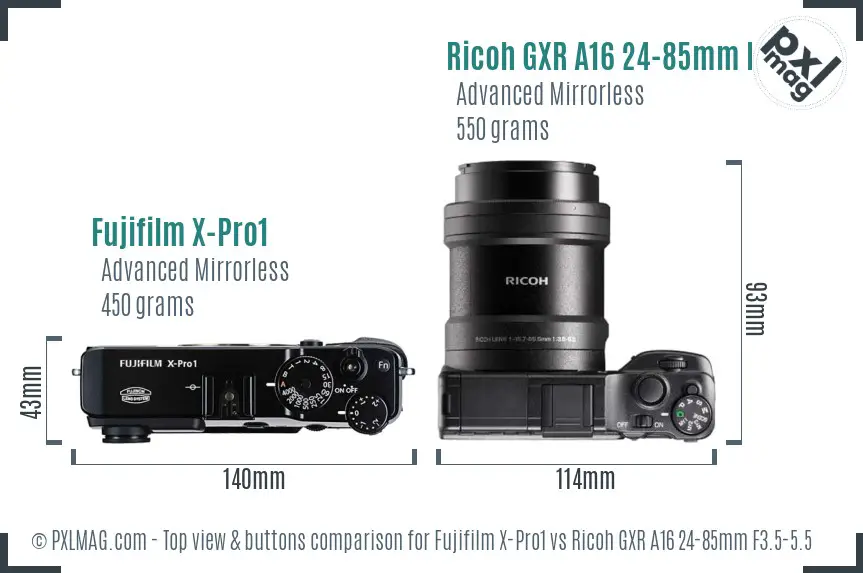 Fujifilm X-Pro1 vs Ricoh GXR A16 24-85mm F3.5-5.5 top view buttons comparison