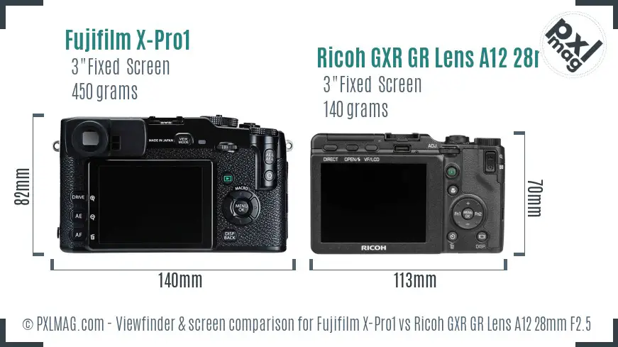 Fujifilm X-Pro1 vs Ricoh GXR GR Lens A12 28mm F2.5 Screen and Viewfinder comparison