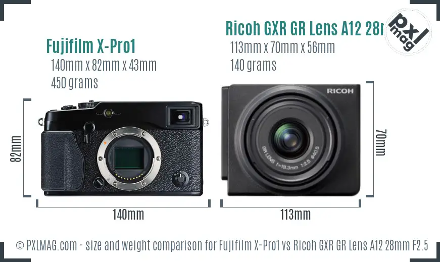 Fujifilm X-Pro1 vs Ricoh GXR GR Lens A12 28mm F2.5 size comparison