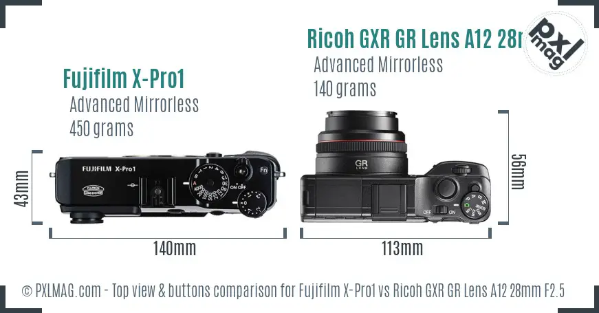 Fujifilm X-Pro1 vs Ricoh GXR GR Lens A12 28mm F2.5 top view buttons comparison