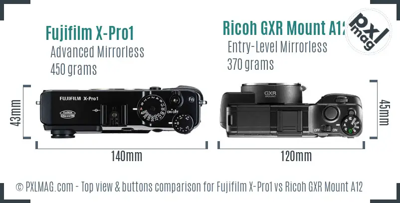 Fujifilm X-Pro1 vs Ricoh GXR Mount A12 top view buttons comparison
