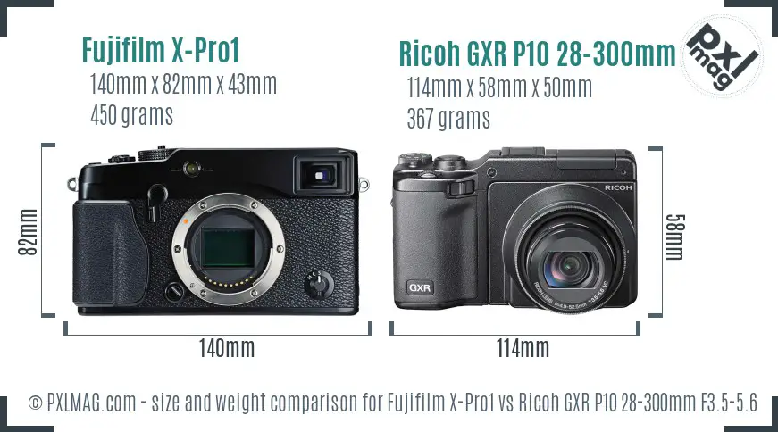 Fujifilm X-Pro1 vs Ricoh GXR P10 28-300mm F3.5-5.6 VC size comparison