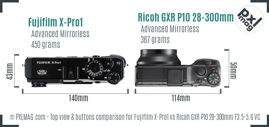 Fujifilm X-Pro1 vs Ricoh GXR P10 28-300mm F3.5-5.6 VC top view buttons comparison