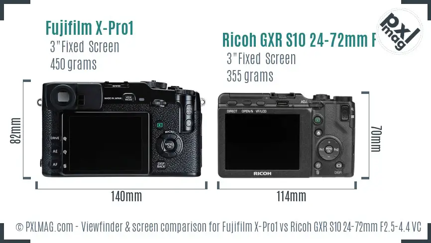 Fujifilm X-Pro1 vs Ricoh GXR S10 24-72mm F2.5-4.4 VC Screen and Viewfinder comparison