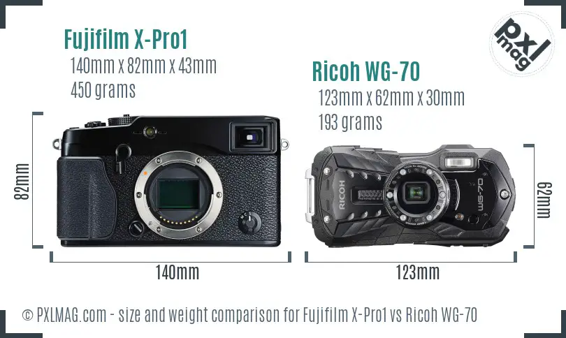 Fujifilm X-Pro1 vs Ricoh WG-70 size comparison