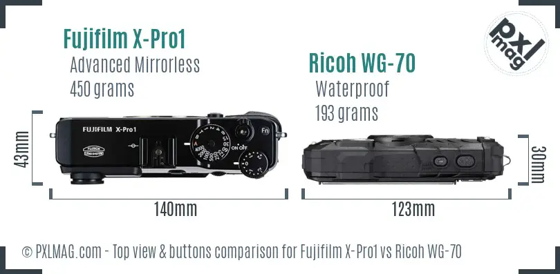 Fujifilm X-Pro1 vs Ricoh WG-70 top view buttons comparison