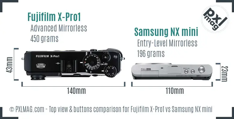 Fujifilm X-Pro1 vs Samsung NX mini top view buttons comparison