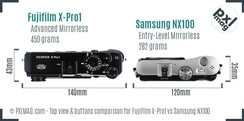 Fujifilm X-Pro1 vs Samsung NX100 top view buttons comparison