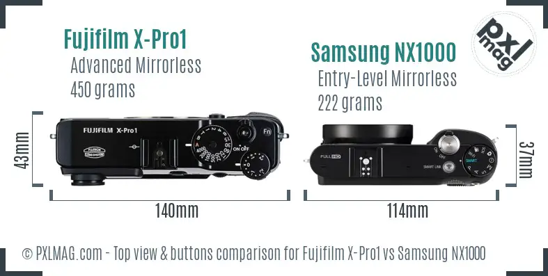 Fujifilm X-Pro1 vs Samsung NX1000 top view buttons comparison