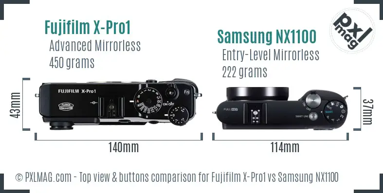 Fujifilm X-Pro1 vs Samsung NX1100 top view buttons comparison