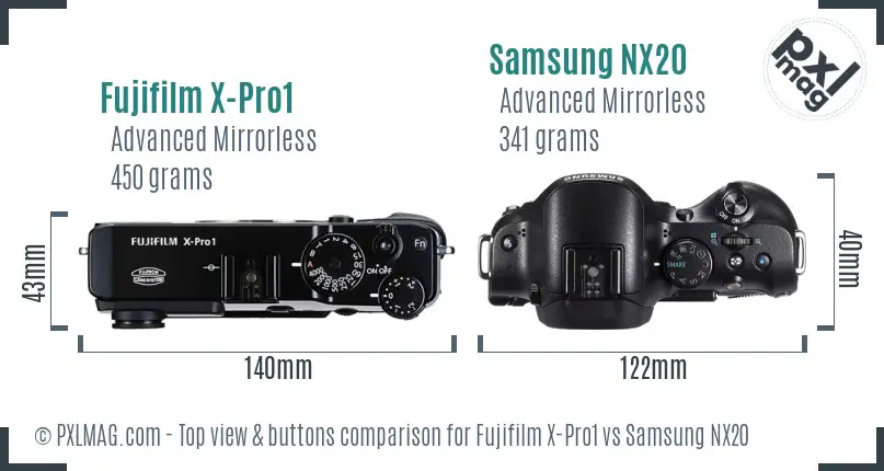 Fujifilm X-Pro1 vs Samsung NX20 top view buttons comparison