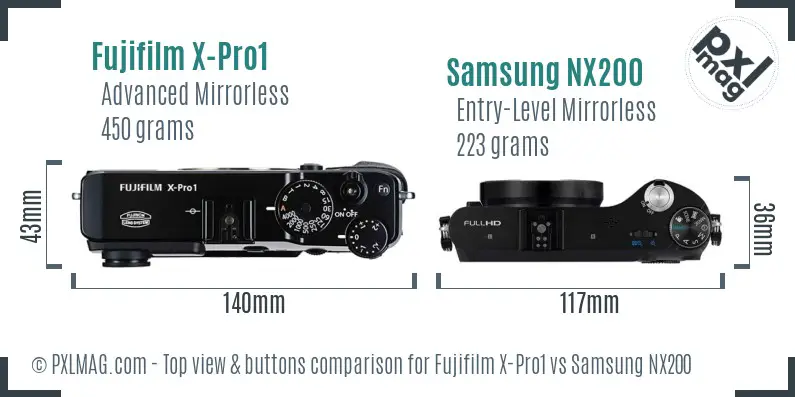 Fujifilm X-Pro1 vs Samsung NX200 top view buttons comparison