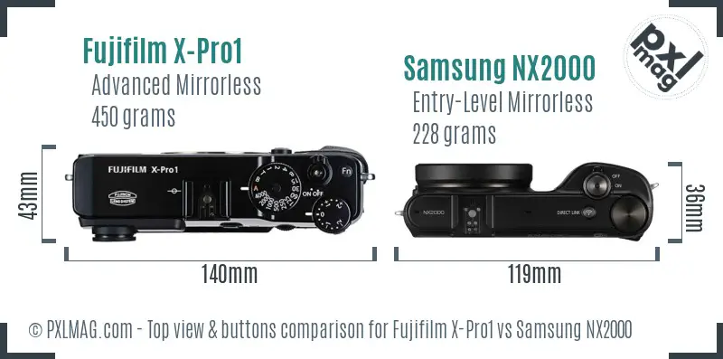 Fujifilm X-Pro1 vs Samsung NX2000 top view buttons comparison Fujifilm X-Pro1 vs Samsung NX2000 top view buttons comparison