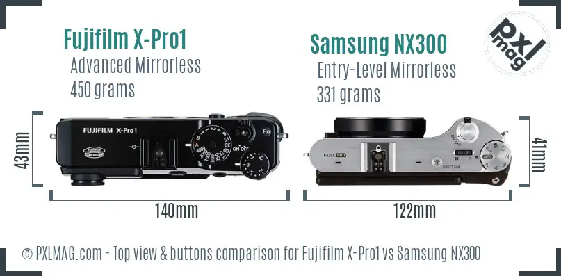 Fujifilm X-Pro1 vs Samsung NX300 top view buttons comparison