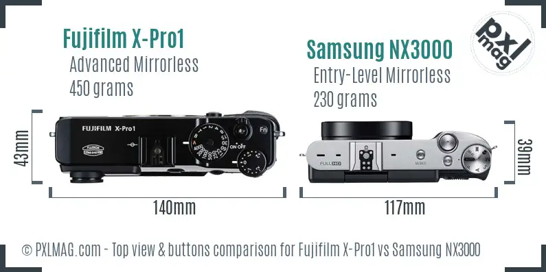 Fujifilm X-Pro1 vs Samsung NX3000 top view buttons comparison