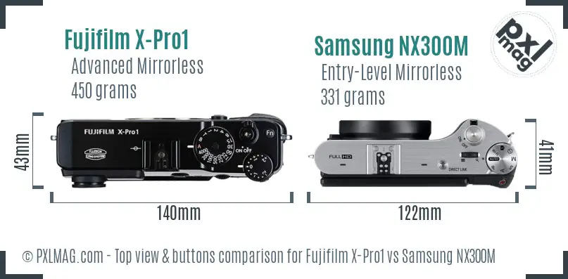 Fujifilm X-Pro1 vs Samsung NX300M top view buttons comparison