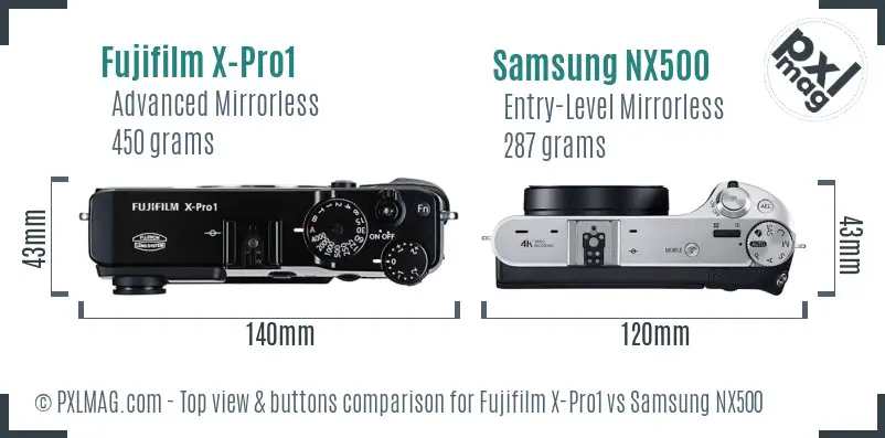 Fujifilm X-Pro1 vs Samsung NX500 top view buttons comparison