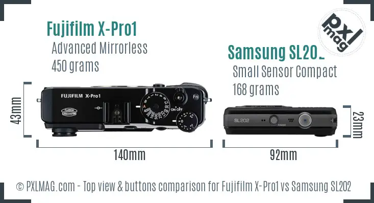 Fujifilm X-Pro1 vs Samsung SL202 top view buttons comparison