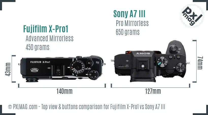 Fujifilm X-Pro1 vs Sony A7 III top view buttons comparison
