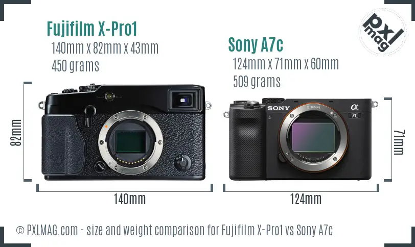 Fujifilm X-Pro1 vs Sony A7c size comparison