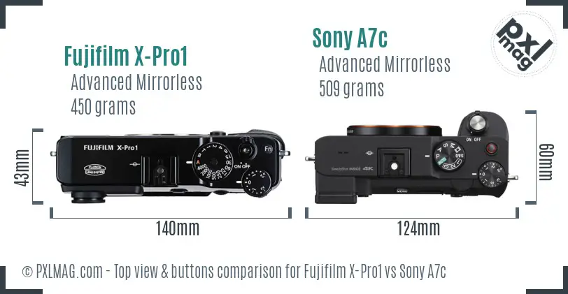 Fujifilm X-Pro1 vs Sony A7c top view buttons comparison