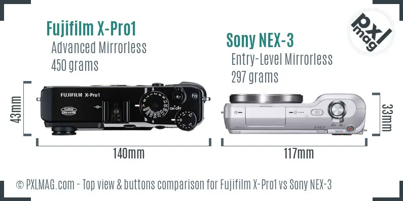 Fujifilm X-Pro1 vs Sony NEX-3 top view buttons comparison