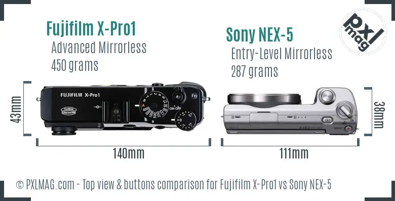 Fujifilm X-Pro1 vs Sony NEX-5 top view buttons comparison