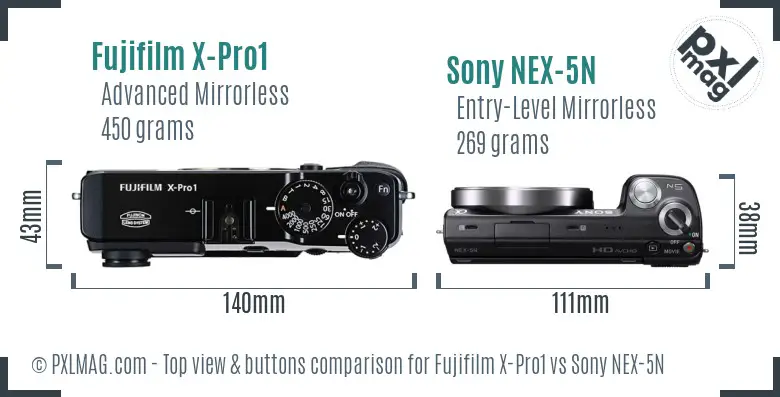 Fujifilm X-Pro1 vs Sony NEX-5N top view buttons comparison