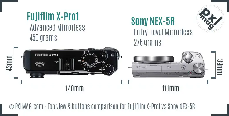 Fujifilm X-Pro1 vs Sony NEX-5R top view buttons comparison