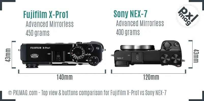 Fujifilm X-Pro1 vs Sony NEX-7 top view buttons comparison