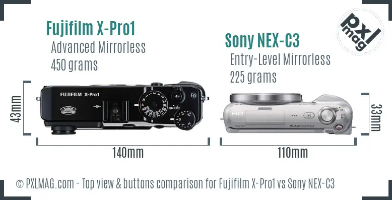 Fujifilm X-Pro1 vs Sony NEX-C3 top view buttons comparison