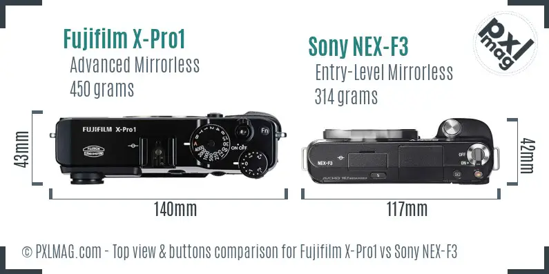 Fujifilm X-Pro1 vs Sony NEX-F3 top view buttons comparison