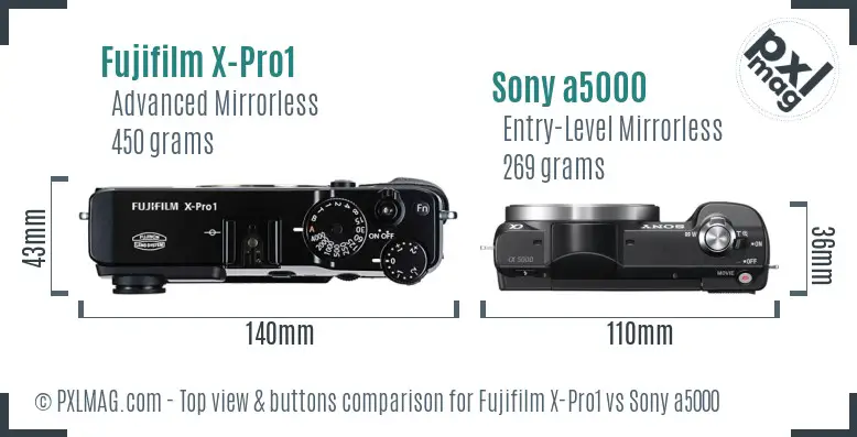 Fujifilm X-Pro1 vs Sony a5000 top view buttons comparison