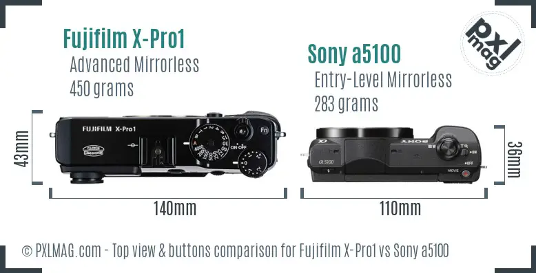 Fujifilm X-Pro1 vs Sony a5100 top view buttons comparison