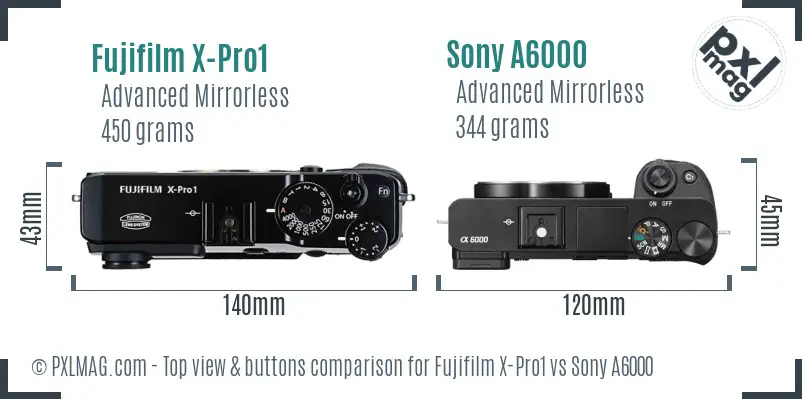 Fujifilm X-Pro1 vs Sony A6000 top view buttons comparison