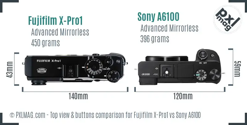 Fujifilm X-Pro1 vs Sony A6100 top view buttons comparison